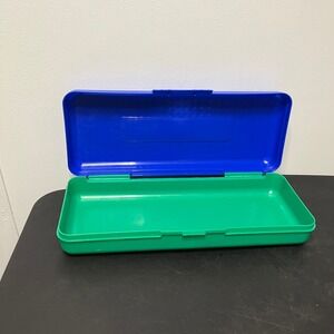 Vintage 90s SPACEMAKER 13" Long Pencil Box Storage Case Blue & Green Plastic